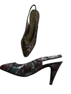 Polly Bergen Womens Snake Print Leather Slingback Heels Size 7.5M